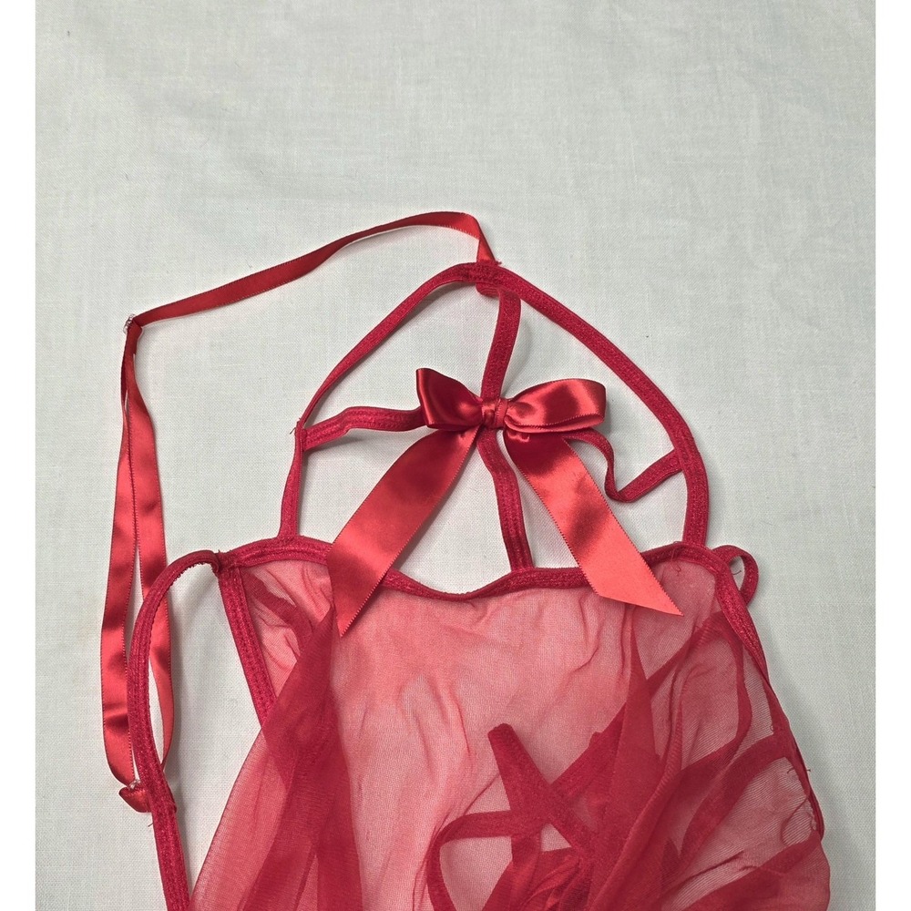 Vtg Dreamgirl Lingerie Babydoll Gown Queen O/S Red Sheer Mesh Bow Strappy Plus - Picture 8 of 11